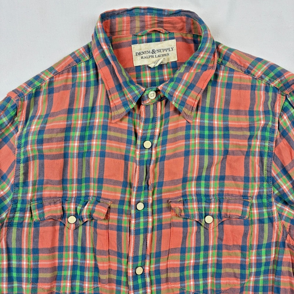 Denim & Supply Ralph Lauren Western Shirt Pearl Snap Madras Plaid Red Medium